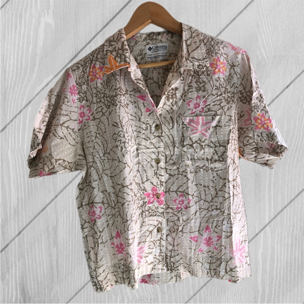 EUC Columbia Camp Shirt Buttons Floral Cotton Large Pink Orange Taupe White